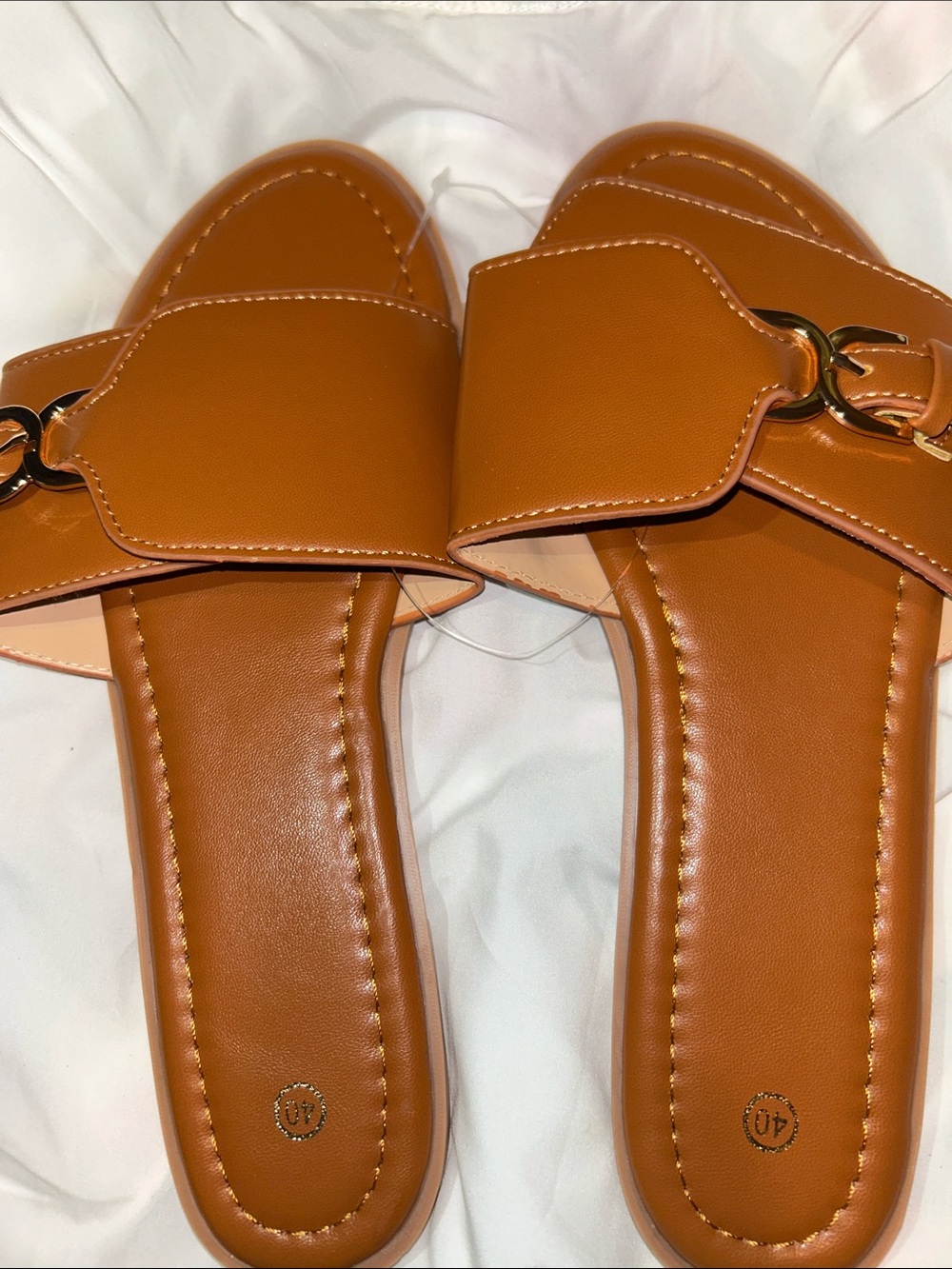 Women's Tan Slide Sandals with Gold Ring Accent